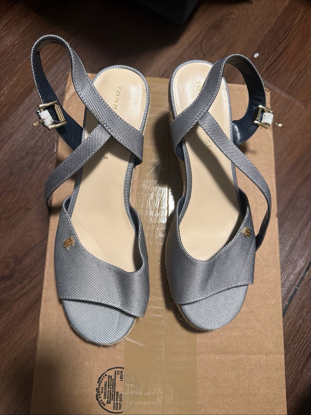Tommy Hilfiger Denim Espadrille Wedge Sandals Women Lt Blue Ankle Strap Size 9.5